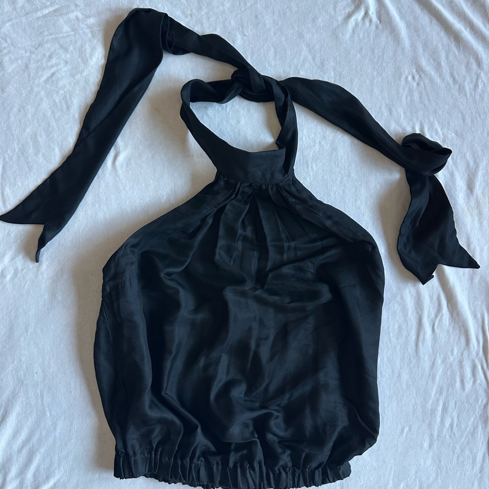7 For All Mankind Black Silk Tie neck Halter Top xs - Picture 5 of 12